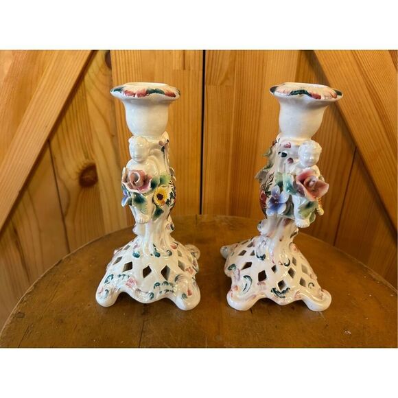 Antique Candle Holders Capodimonte Style Cherubs Made In Italy Hand Painted READ - Picture 4 of 16